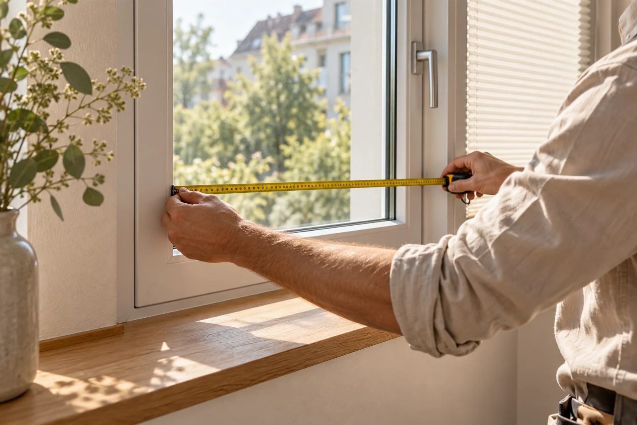 Präzises Ausmessen eines weißen Fensterrahmens mit einem Maßband