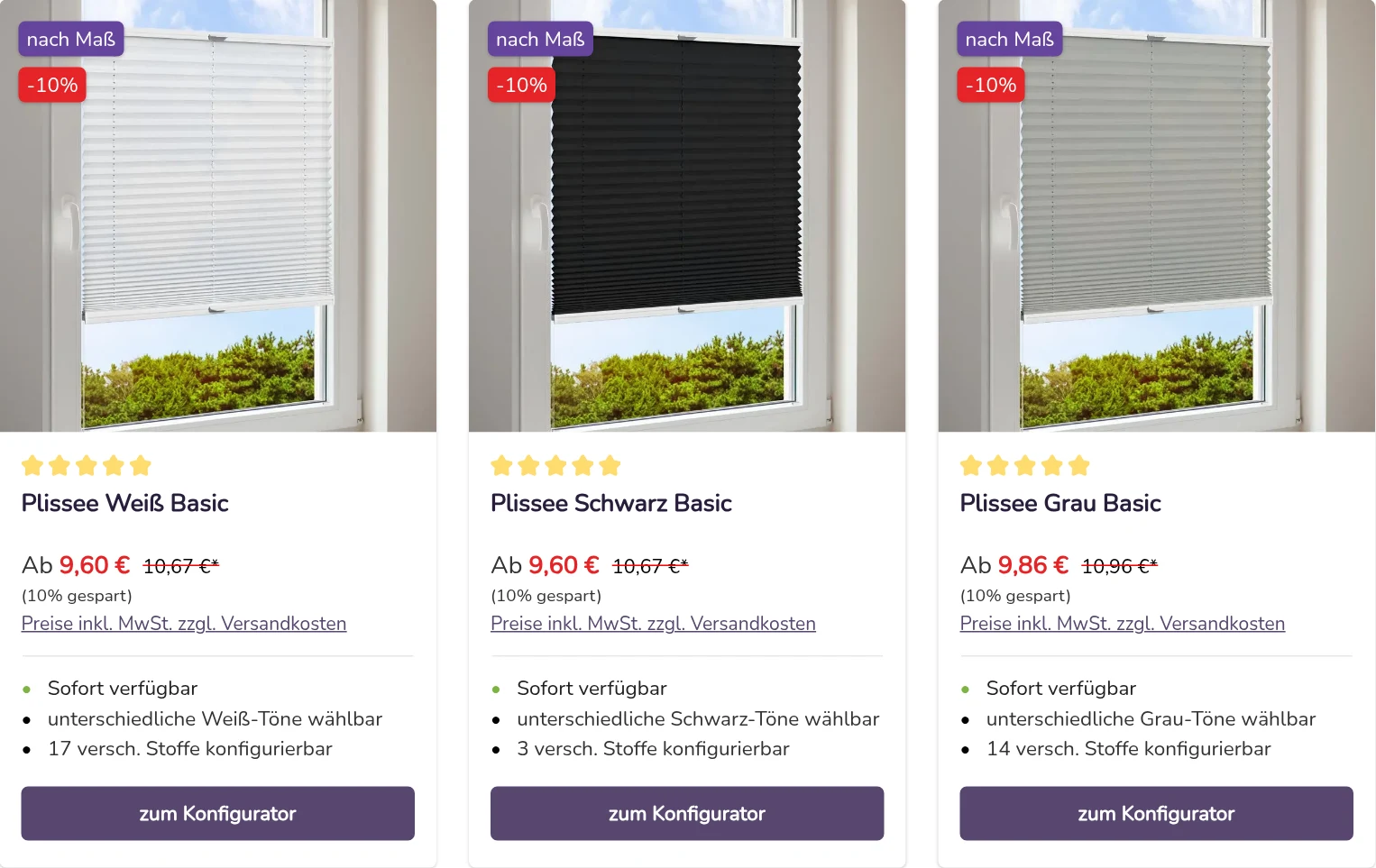 Aktuelle Plissee-Auswahl mit Produktkarten und dem Button zum Konfigurator