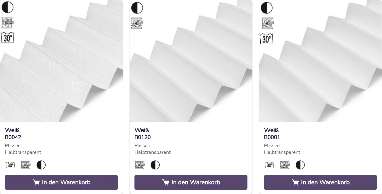 Stoffmuster im aktuellen Shop mit Stoffnummern und Warenkorb-Buttons