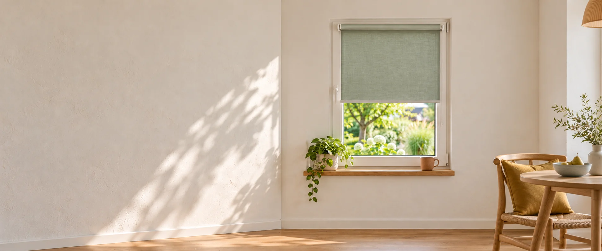 Sagegrünes Minirollo an einem normal großen Küchenfenster