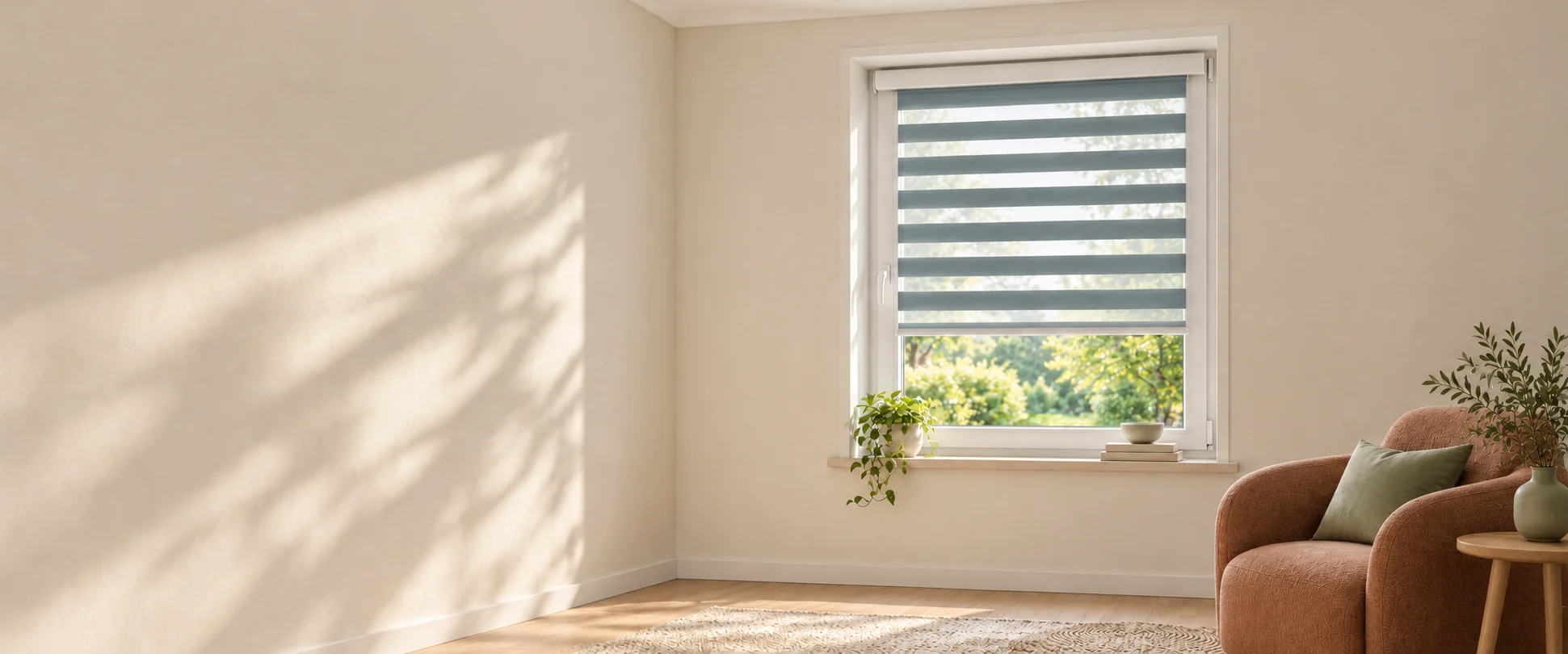 Blaugraues Doppelrollo mit feinen Streifen am Wohnzimmerfenster