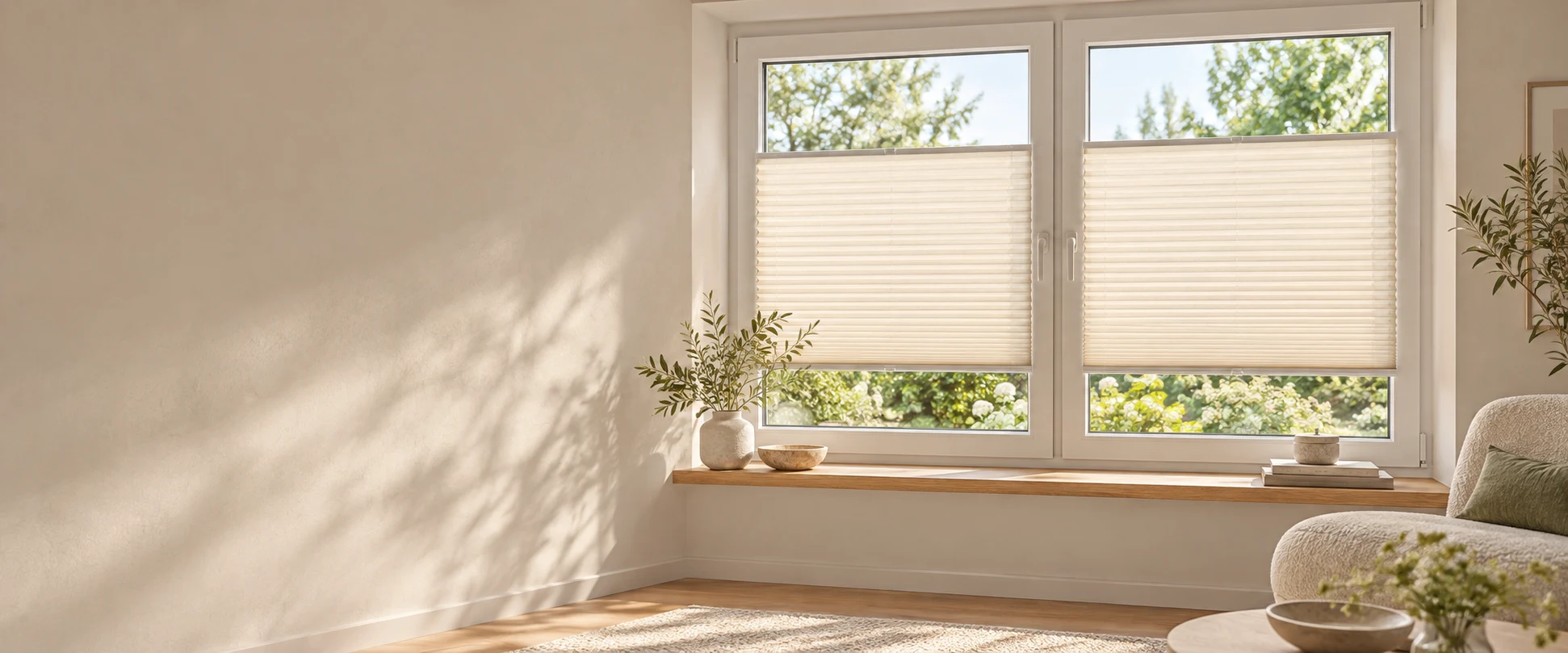 Cremefarbene Plissees an einem weißen Doppelfenster in einem warmen, hellen Wohnraum